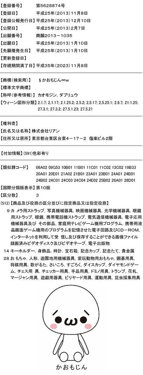 かおもじんの商標登録